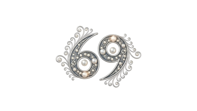 Ornate silver numeral sixty nine embellished with luminous pearls against a dark background