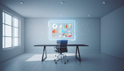 Modern office room with a desk, chair, and a large holographic display showing business data visualizations and charts on the wall.