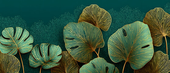 Luxury golden art deco wallpaper. Nature background vector. Floral pattern with golden split-leaf Philodendron plant with monstera plant line art on green emerald color background