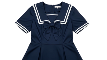 Formal dark blue garment featuring a sailor collar and large neck bow against a black background