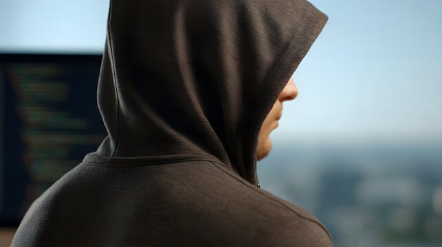 A person in a hoodie looks at a computer screen displaying code with a city view in the background