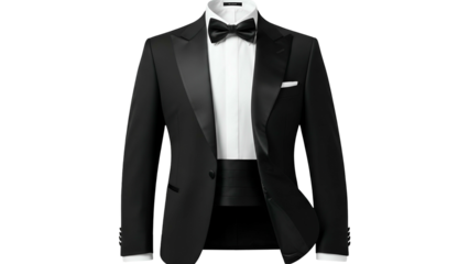 Formal evening wear ensemble featuring a black dinner jacket and bow tie displayed against a dark background