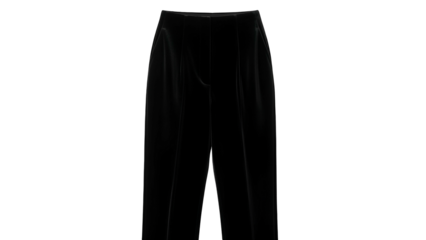 Formal black trousers feature subtle pleats against a deep black background