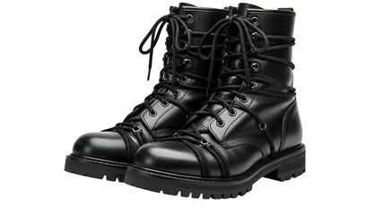 Pair of high-top leather lace up boots shown against a solid dark background