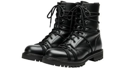 Pair of high-top leather lace up boots shown against a solid dark background