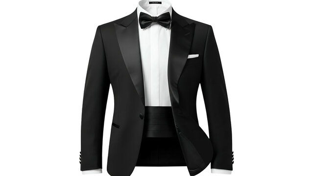 Formal evening wear ensemble featuring a black dinner jacket and bow tie displayed against a dark background