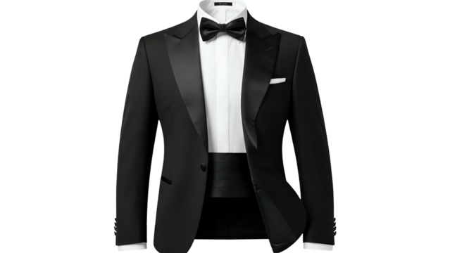 Formal evening wear ensemble featuring a black dinner jacket and bow tie displayed against a dark background