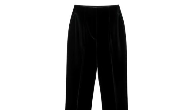 Formal black trousers feature subtle pleats against a deep black background