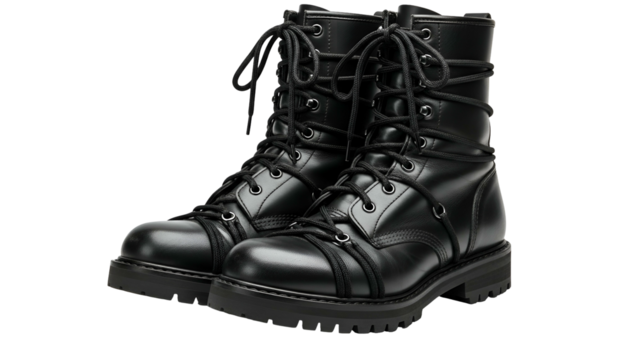 Pair of high-top leather lace up boots shown against a solid dark background