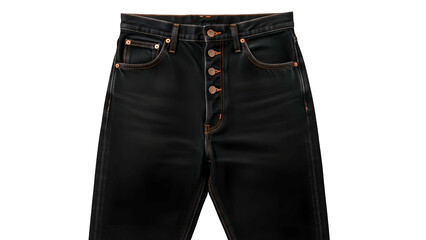 Dark indigo denim garment waistline features contrasting topstitching and metal buttons