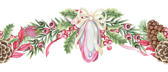 Pink ballet flats and pine cone ornament Christmas seamless border. Hand drawn watercolor with colored pencil texture. Festive garland green yew branch perfect for art frame and holiday card design.