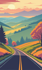 Scenic road winding through mountains at sunset