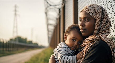 African woman holding infant, standing beside a chain-link fence along a desolate path, conveying the emotional weight of migration and the struggle of refugees