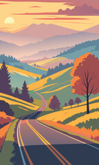 Scenic road winding through hills at sunset