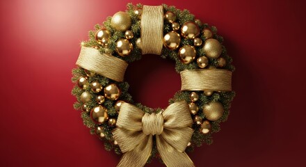 Naklejka premium Elegant Christmas Wreath with Gold Ornaments and Bow on Red Background