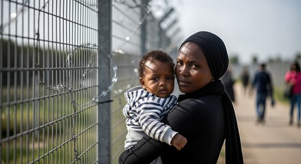 Mother holding infant, standing near border fence, expressing concern and resilience, surrounded by migrants, illustrating human grief and the refugee experience