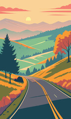 Scenic road through mountains at sunset