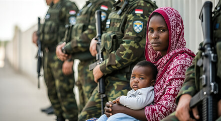 African woman holding baby, seated on ground, surrounded by armed soldiers in camouflage uniforms, conveying the emotional weight of migration and human grief in a tense border environment