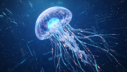  Bioluminescent Digital Jellyfish in Deep Space | Futuristic Ocean Creature with Neon Tentacles | Glowing Cybernetic Medusa in Cosmic Waters