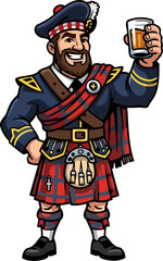 Obraz premium joyful highlander raising a pint, celebrating rich scottish heritage and festive spirit, isolated on transparent background