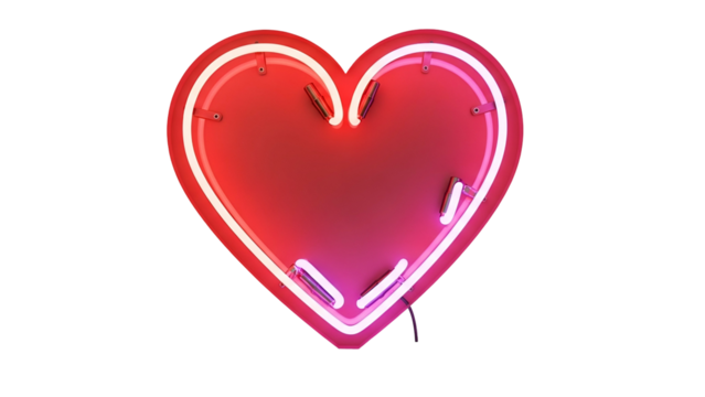 Bright glowing neon sign shaped like a heart shines against a dark background