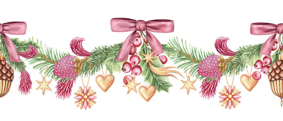 Seamless border with sparkling Christmas ornaments and pink bow. Hand drawn watercolor pine branches with pencil texture. Festive garland in gold and green perfect for frame and holiday card design.