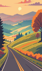 Scenic road winding through rolling hills at sunset