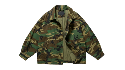 Military style camouflage patterned outerwear garment displayed against a dark background