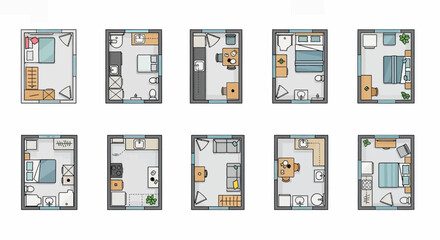 Overhead view of various small apartment floor plans, showcasing furniture arrangements and room layouts.