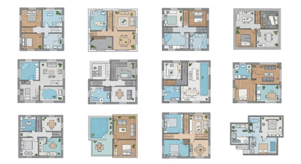 A collection of twelve diverse residential floor plan layouts, showcasing various apartment configurations with furniture, walls, and room divisions.