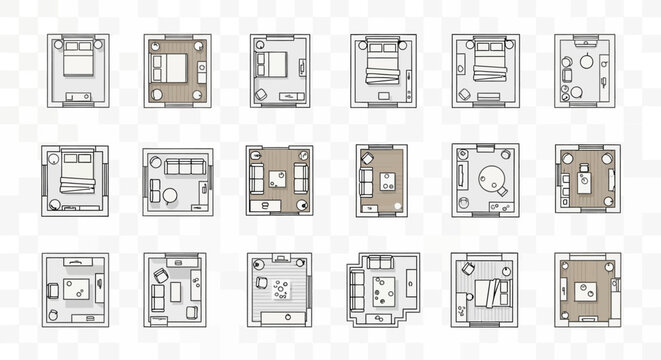 Various room layouts from a top-down perspective, showcasing furniture placement and spatial arrangements in square rooms.
