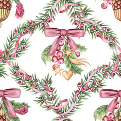 Seamless pattern with sparkling Christmas ornaments in rhombus shape twig with pink ribbon on white background. Textured hand drawn watercolor. Aesthetic festive design for textile and wrapping paper.