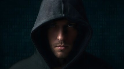 Mysterious hooded figure silhouetted against a dark background of binary code