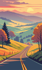 Scenic road through rolling hills at sunset