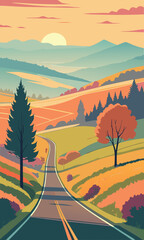 Scenic road winding through hills at sunset