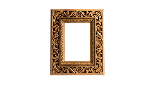 Ornate wooden picture frame features elaborate floral carvings against a dark background