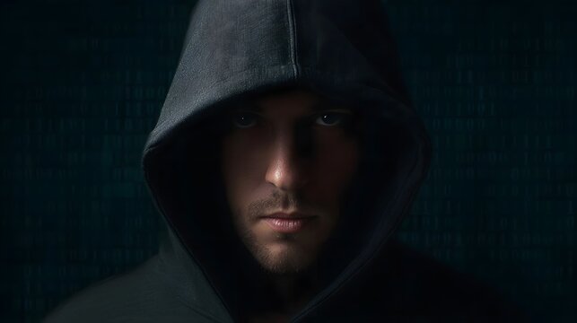 Mysterious hooded figure silhouetted against a dark background of binary code - Powered by Adobe