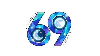 Stylized numerals six and nine incorporate luminous celestial bodies within a vibrant geometric design set against a dark background