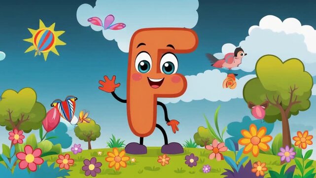 A cute and funny animated letter 'F' with big expressive eyes, a smiling face, and playful gestures. The letter is standing and bouncing happily in a vibrant green park filled with colorful flowers, t