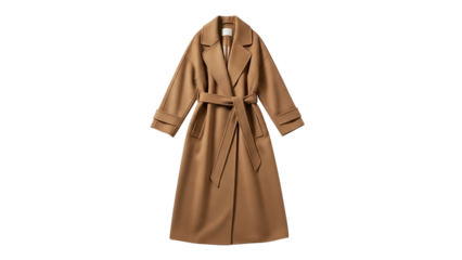 Elegant long belted outerwear piece presented against a solid black background