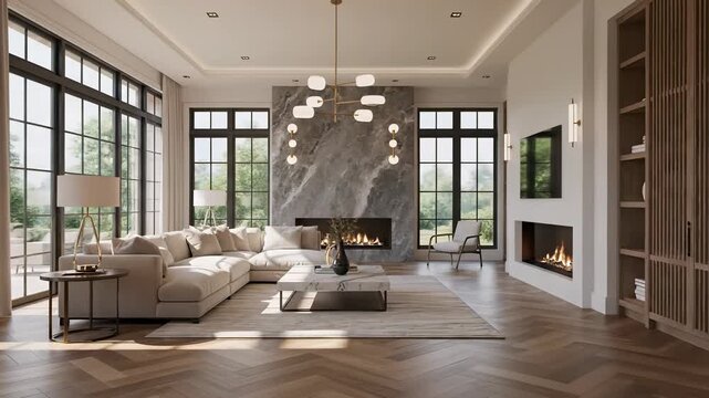 Cozy living room with plush couch, television set, fireplace, and large window offers inviting atmosphere for relaxation and tranquility, perfect for use as background in architecture inspired.