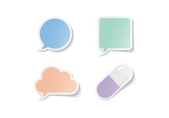 Set of pastel-colored paper sticker icons with speech bubbles and a medical pill.