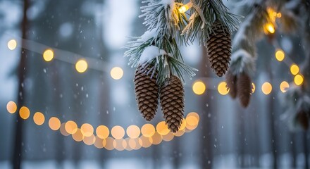 Winter forest scene with snow covered pine branches adorned with glowing warm fairy lights and pine cones during snowfall