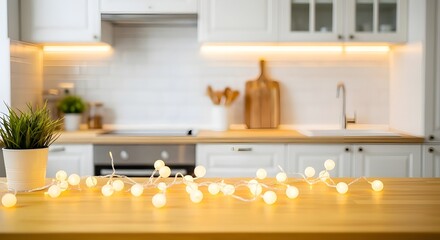 Cozy and inviting modern kitchen interior with warm string lights illuminating the wooden countertop and appliances