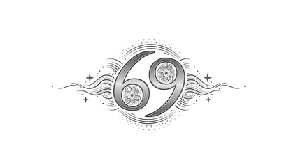 Ornate silver number sixty nine emblem displayed against a solid black background
