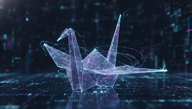 Glowing Holographic Origami Crane in Digital Space | Sci-Fi Paper Bird with Particle Trails | Futuristic Digital Art Crane Sculpture - Powered by Adobe