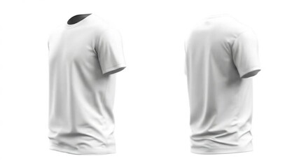 Two white crewneck T-shirts shown front and back on mannequins; plain fabric, black curved patch.!!!