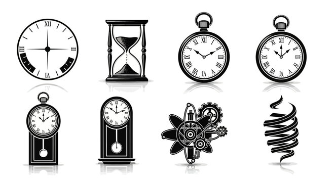 Timeless Elegance: Collection of vintage timekeeping icons showcases history, science, and design elements, offering classic style with lasting appeal