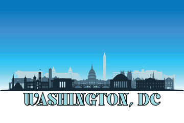 Global city Washinton. D.C. shown in a detailed vector skyline with a bright blue sky