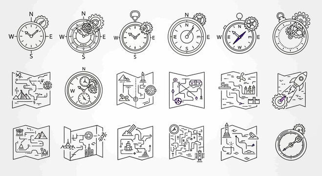 Explore adventure with this cool compass map set, perfect for travel planning, creative projects, and inspiring discovery, originally designed as vector art